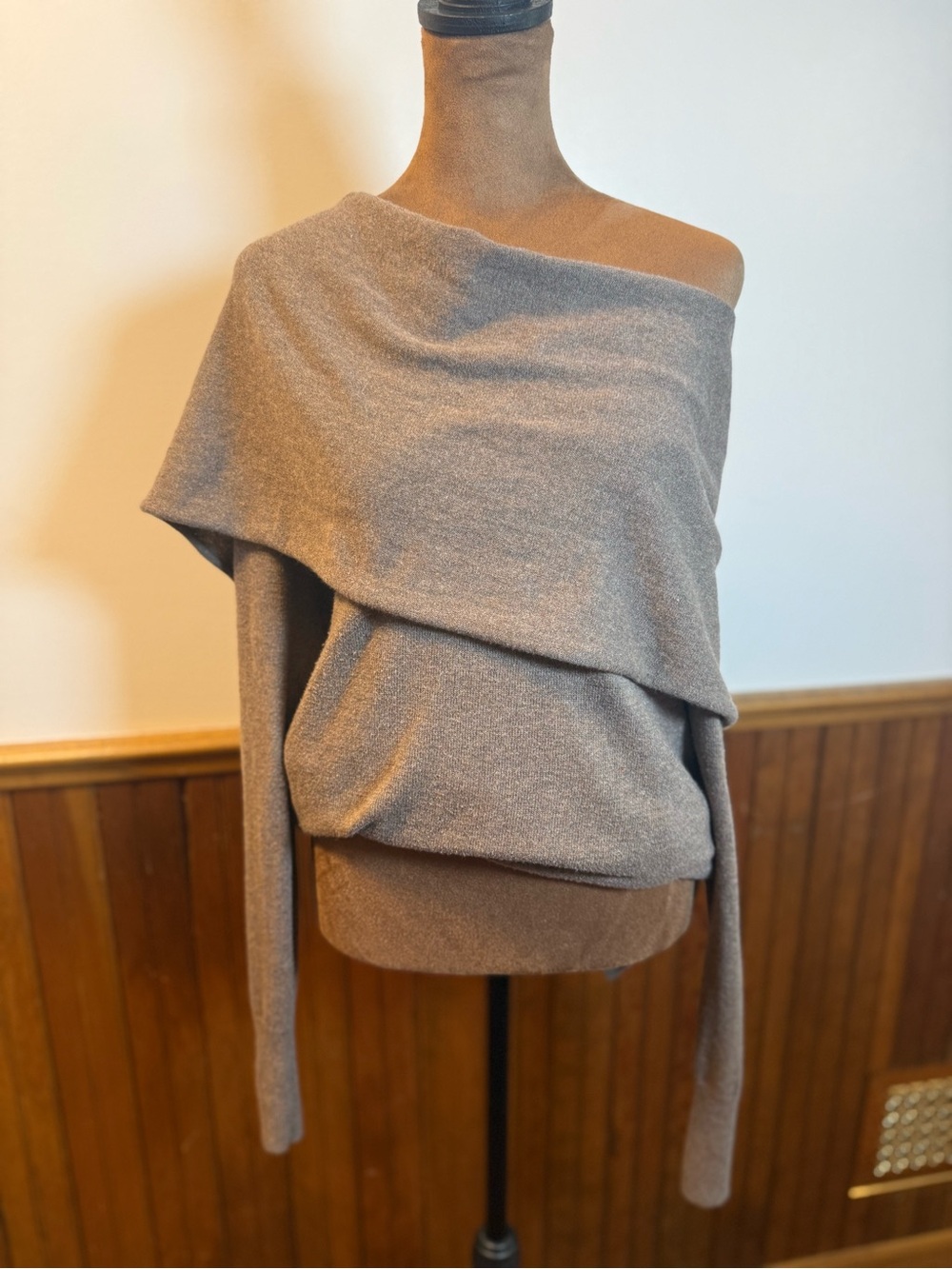 Shrinking Violet Taupe Off-the-Shoulder Draped Sweater